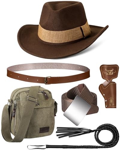 Bulyoou 6 Stück Halloween Indiana Abenteurer-Kostüm für Herren, Segeltuchtasche, brauner Abenteurerhut, Holster, taktisches Gürtelzubehör für Halloween-Party, Braun von Bulyoou