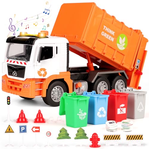 BunnyJOY Müllauto Spielzeug ab 3 4 5 6 Jahre Kinder Junge Mädchen, Spielzeug Müllwagen mit Mülltonnen, Licht & Sound, Große Fahrzeuge, Friktionsspielzeug, Lernspielzeug&Geschenk, Orange von BunnyJOY