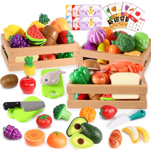 BunnyJOY Kinderküche Spielküche Zubehör, Spielküche Zubehör, Einkaufskorb Kinder, Kaufladen Zubehör, Kaufmannsladen Zubehör, Gemüse Obst Küchenspielzeug Mädchen ab 3 Jahren, Geschenke für Rollenspiele von BunnyJOY