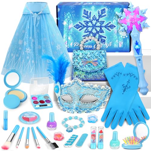 BuntWunder ELSA Eiskönigin Kinderschminke Spielzeug Set, Eiskönigin Prinzessin Kostüm Set mit Umhang, Handschuhe, Tasche, ELSA Spielzeug Geburtstag Geschenke für Kinder Karneval Halloween von BuntWunder