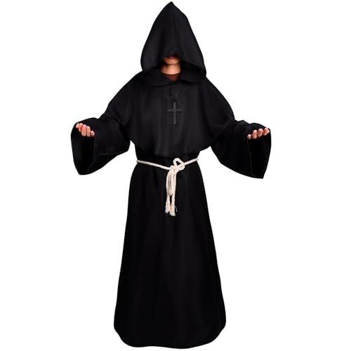 BuntWunder Mönch Robe Kostüm, Gewand Mönchskutte, Priester Kostüm Herren, Mittelalter Renaissance Hooded Mönch Kostüm mit Kreuz, Gürtel, Narbenaufkleber Kostüm ür Halloween Cosplay (Schwarz, XL) von BuntWunder
