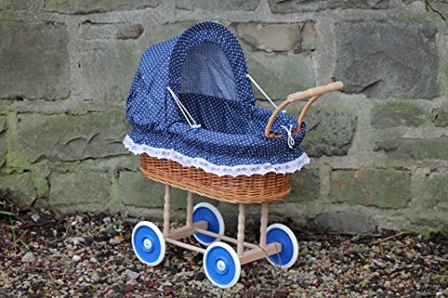 Bukora ® Puppenwagen aus Weide mit Blau mit Punkten und Holzgriff...extra stabil... von Burkhardt Korbwaren