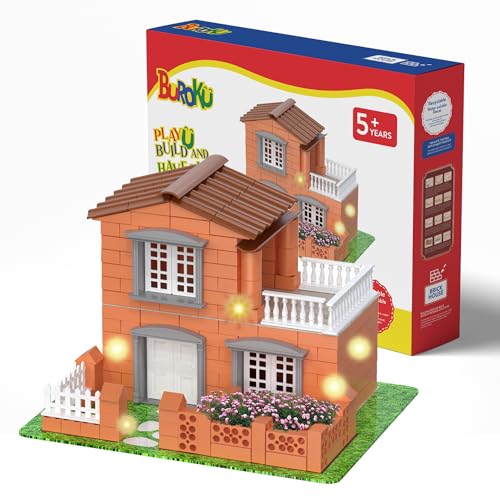 Buroku - Ziegelhaus-Bauspiel mit Lichtern | 270 Sichere ABS-Kunststoffteile für Kinder | Fördert Frühe Fähigkeiten und die Entwicklung der Intelligenz | Recycelbares Material von Buroku