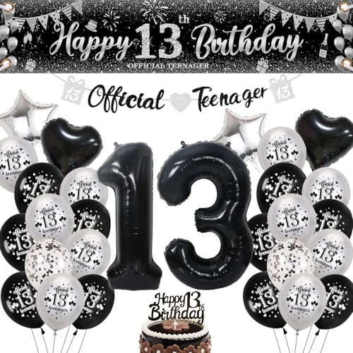 Offizielles 13 Geburtstag Teenager Party Supplies 13 Geburtstag Dekorationen für Jungen Mädchen Schwarz Silber Offizielle Teenager Happy 13th Birthday Yard Banner Stern Herz Nummer Ballons für Kinder von Businey
