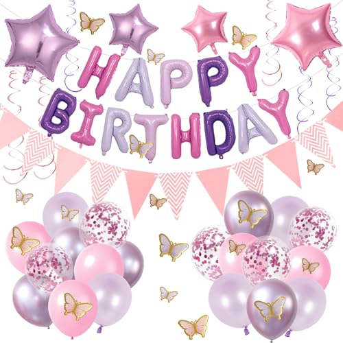 Rosa Lila Geburtstagsdekorationen für Mädchen, Happy Birthday Banner Luftballons, Hängende Wirbel Wimpel, Sterne Konfetti Latexballon, 3D Schmetterling für Mädchen Frauen Geburtstag Party Dekorationen Rosa Lila Geburtstagsdekorationen für Mädchen, Happy Birthday Banner Luftballons, Hängende Wirbel Wimpel, Sterne Konfetti Latexballon, 3D Schmetterling für Mädchen Frauen Geburtstag Party Dekorationen von Businey