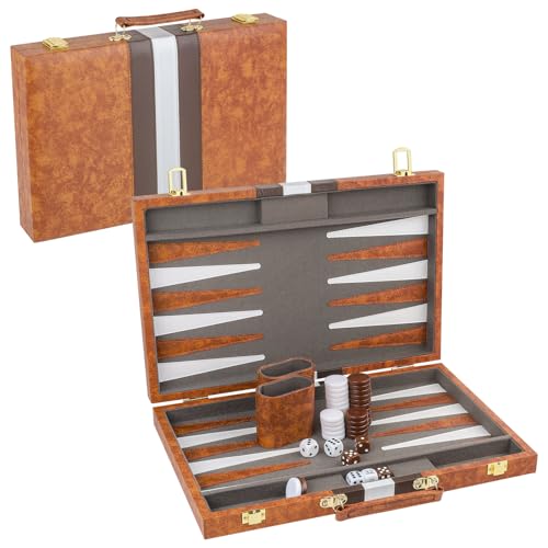 Buweeo Backgammon 38,1 cm (15 Zoll) tragbares Brettspiel mit PU-Lederhülle für Erwachsene, Reisespiel Backgammon Kaffee von Buweeo