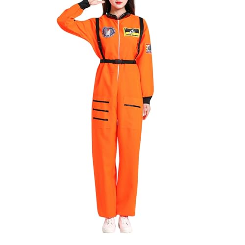 Buyaole Herren Damen Astronaut Kostüm|Silber Erwachsene Space Weltall Kostüm|Karneval Kostüme Jumpsuit |Raumfahrer Overall Karneval Fasching|Halloween Kostüm|Weltraum Kostüm (Orange-Damen-2, L) von Buyaole