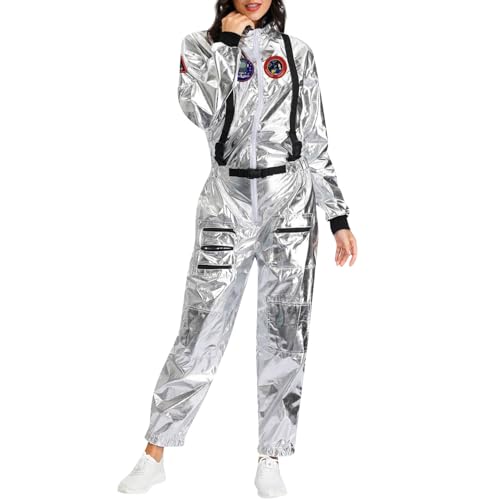 Buyaole Herren Damen Astronaut Kostüm|Silber Erwachsene Space Weltall Kostüm|Karneval Kostüme Jumpsuit |Raumfahrer Overall Karneval Fasching|Halloween Kostüm|Weltraum Kostüm (Silber-Damen-2, XL) von Buyaole