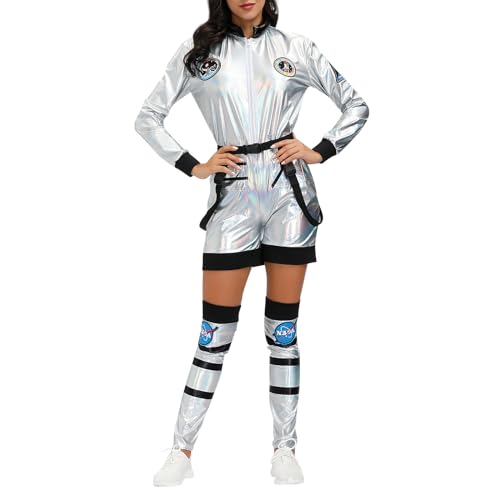 Buyaole Herren Damen Astronaut Kostüm|Silber Erwachsene Space Weltall Kostüm|Karneval Kostüme Jumpsuit |Raumfahrer Overall Karneval Fasching|Halloween Kostüm|Weltraum Kostüm (Weiß-Damen-5, M) von Buyaole