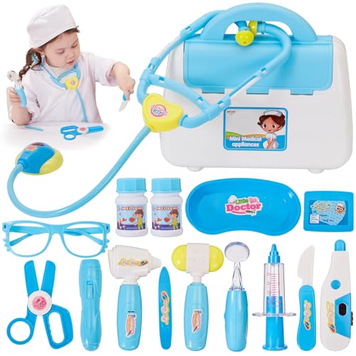 BUYGER Arztkoffer Kinder ab 3 Jahre, Doktorkoffer Mit Zubehör Stethoskop, Spritze, Arzt Set mit Licht und Sound für Kinder, Doktor Spielzeug, Rollenspiel für Mädchen Junge, Geschenke (Blau) von BUYGER