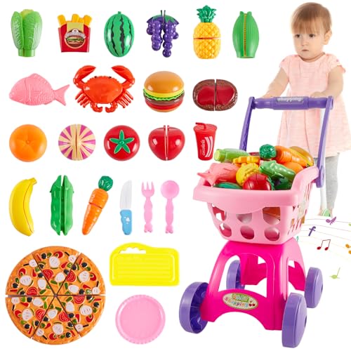 BUYGER 31 Stück Einkaufswagen Küchenspielzeug für Kinder Schneiden Obst Gemüse Lebensmittel Spielzeug Kaufladen Zubehör Rollenspiel Geschenk für Kinder von BUYGER