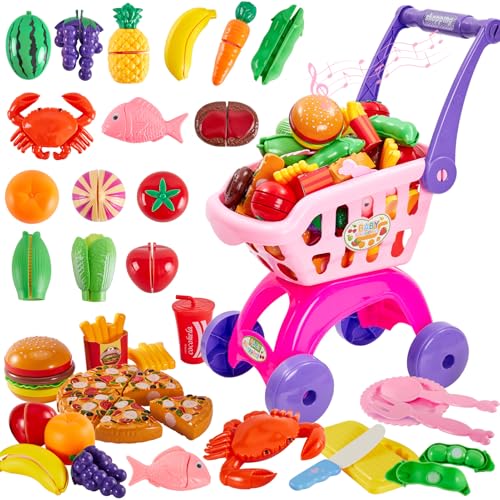 BUYGER 31 Stück Einkaufswagen Küchenspielzeug für Kinder Schneiden Obst Gemüse Lebensmittel Spielzeug Kaufladen Zubehör Rollenspiel Geschenk für Kinder von BUYGER