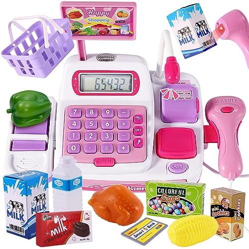 BUYGER 34 Stück Elektronische Kasse Spielzeug Supermarkt Registrierkasse mit Scanner Mikrofon Kaufladen Zubehör Rollenspiel Spielzeug für Mädchen Jungen ab 3 Jahre (Rosa), 25 * 12 * 16 cm von BUYGER