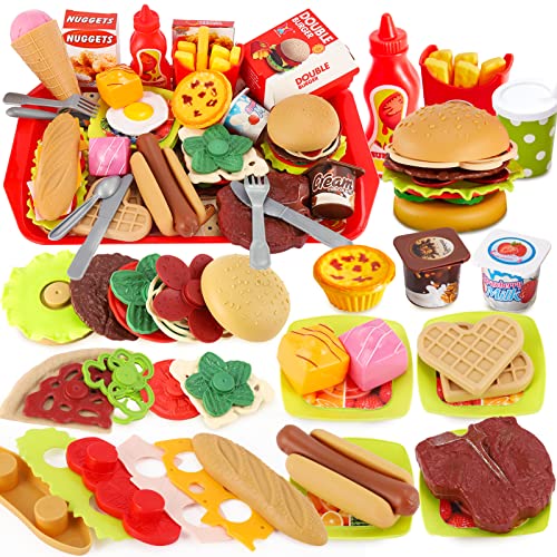 BUYGER 63 Stück Kinder Lebensmittel Spielzeug Küchenspielzeug, Montage Hamburger Pizza Spielzeug, Kinderküche Zubehör, Rollenspiel Geschenk für Kinder von BUYGER