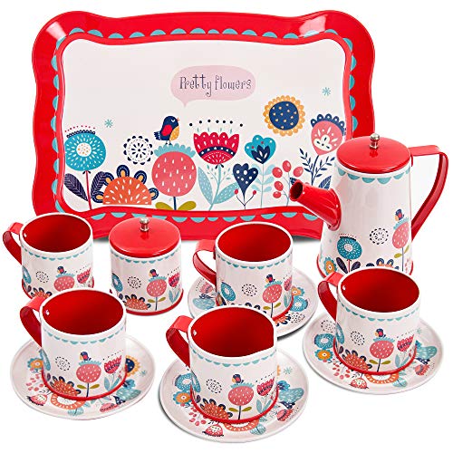 BUYGER Teeservice Kinder Tee Set Puppengeschirr Kaffeeservice Spielküche Geschirr Spielzeug Teeparty Rollenspiele für Kinder Mädchen (Rot) von BUYGER