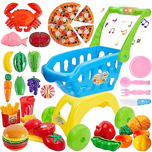 BUYGER Einkaufswagen für Kinder Küchenspielzeug Schneiden Obst und Gemüse Lebensmittel Spielzeug, Rollenspiel Geschenke für Kinder ab 3 Jahre, Licht und Musik von BUYGER