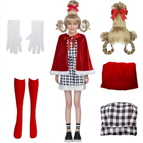 Buyoem Cindy Lou Who-Kostüm für Erwachsene, Damen, Cindy Lou, Who-Kleid mit Perücke, Kapuzenmantel, Weihnachten, Cosplay-Outfits von Buyoem