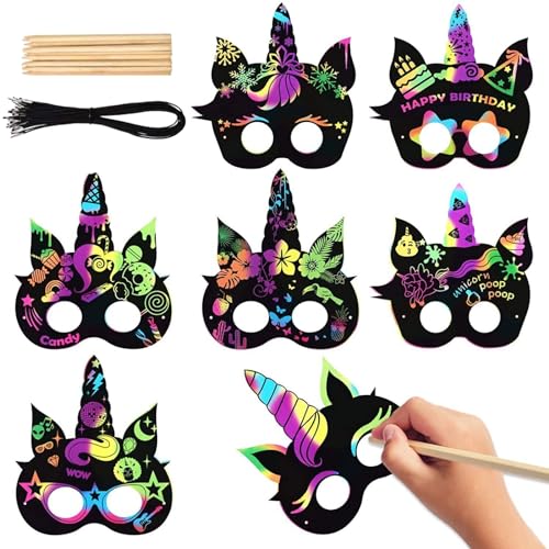 Buziba 24 Stück Kratzmasken aus Papier für Einhorn-Partys, magische Pferdemaske für Halloween, Regenbogenschaber, Bastelsets für Kinder, Party-Dekoration Buziba 24 Stück Kratzmasken aus Papier für Einhorn-Partys, magische Pferdemaske für Halloween, Regenbogenschaber, Bastelsets für Kinder, Party-Dekoration von Buziba