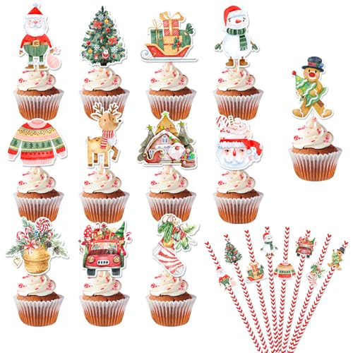 Buziba 24 Stück Weihnachts-Cupcake-Topper mit 24 Papier-Trinkhalmen, Weihnachts-Party-Dekorationen, Weihnachtsmann, Baum, Schneemann, Kuchenstäbchen für Weihnachten, Party, Urlaub Buziba 24 Stück Weihnachts-Cupcake-Topper mit 24 Papier-Trinkhalmen, Weihnachts-Party-Dekorationen, Weihnachtsmann, Baum, Schneemann, Kuchenstäbchen für Weihnachten, Party, Urlaub von Buziba