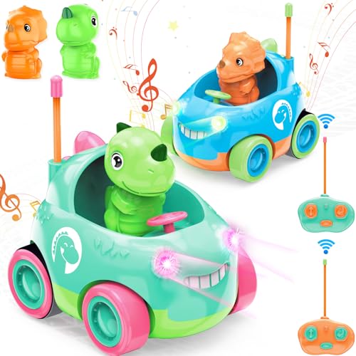 BuzzoXere Set Ferngesteuertes Auto für Kinder, 2pcs Dinosaurier Spielzeug, Dino RC Auto Mit Lichtern und Musik, Geschenke für Jungen Mädchen 2-6 Jahre von BuzzoXerex