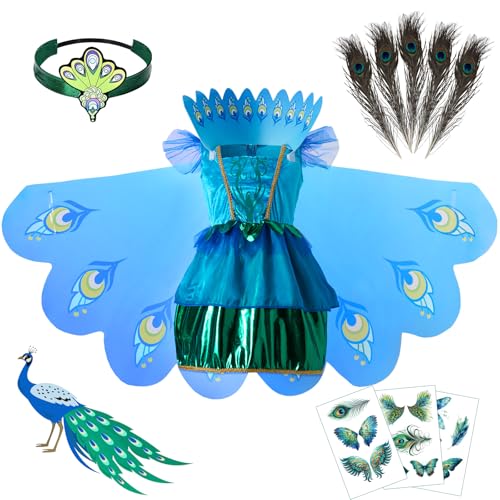 BuzzoXere Pfau Kostüm Kinder, Pfau Kleid Kostüm kinder, Pfau Vogel Kostüm Kinder Mädchen mit Kleid mit Flügel, Stirnband, Kragen, Pfauenfeder und Gesichtsaufkleber für Karneval (M(5-7 Jahre)) von BuzzoXerex