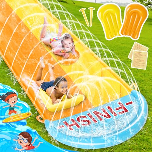 BuzzoXerex 31,16ft/950cm Wasserrutsche Garten, 1.55m Doppelte Aufblasbare Wasserrutsche mit 2 Aufblasbaren Boards für Sommerpartys, Garten, Rasen und Außen Wasserspiele von BuzzoXerex