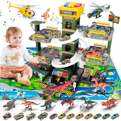 BuzzoXerex 5 Stockwerke Parkgarage für Kinder, Autorennbahn mit 14 Autos und 2 Hubschrauber, Spielzeug Parkhaus mit Aufzug, Licht & Sound, Geschenke für Kinder 5 6 7 8 9 Jahren (Dinosaurier) von BuzzoXerex