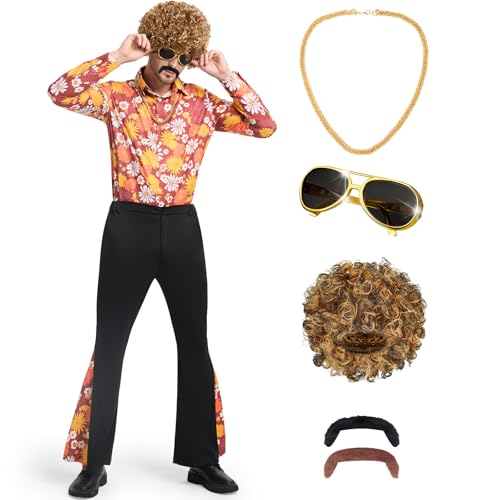 BuzzoXerex 70er Jahre Kostüm Herren, 7 Stücks Hippie Kostüm Männer Set, Disco Kostüm Herren mit Hemd, Schlaghosen, Perücke und Disco Zubehör für 70er Party Karneval Halloween Mottoparty (Schwarz, 2XL) BuzzoXerex 70er Jahre Kostüm Herren, 7 Stücks Hippie Kostüm Männer Set, Disco Kostüm Herren mit Hemd, Schlaghosen, Perücke und Disco Zubehör für 70er Party Karneval Halloween Mottoparty (Schwarz, 2XL) von BuzzoXerex