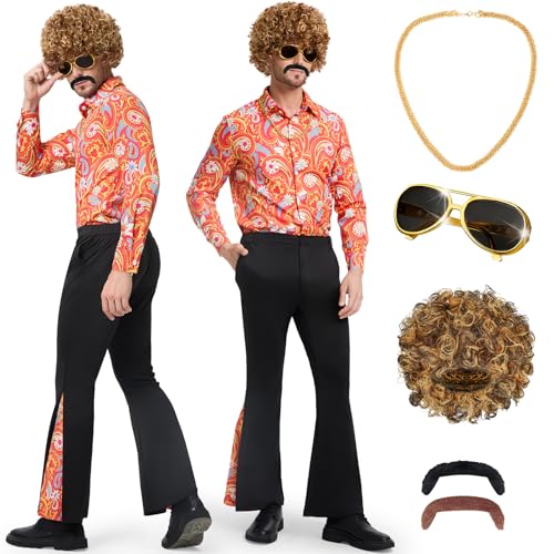 BuzzoXerex 70er Jahre Kostüm Herren, 7 Stücks Hippie Kostüm Männer Set, Disco Kostüm Herren mit Hemd, Schlaghosen, Perücke und Disco Zubehör für 70er Party Karneval Halloween Mottoparty (Gelb, M) BuzzoXerex 70er Jahre Kostüm Herren, 7 Stücks Hippie Kostüm Männer Set, Disco Kostüm Herren mit Hemd, Schlaghosen, Perücke und Disco Zubehör für 70er Party Karneval Halloween Mottoparty (Gelb, M) von BuzzoXerex