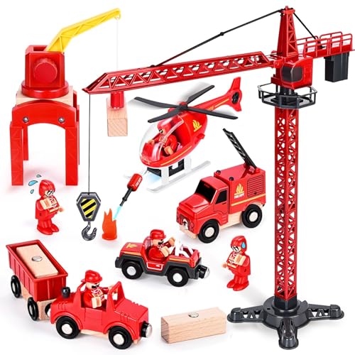 BuzzoXerex Feuerwehr Spielzeug, Feuerwehrauto Holz Kinder 17Pcs Feuerwehr Spielzeug Spielzeug Fire Trucks mit Portalkran, Hubschrauber, Geländewagen für 3 4 5 6 Jahre Junge von BuzzoXerex