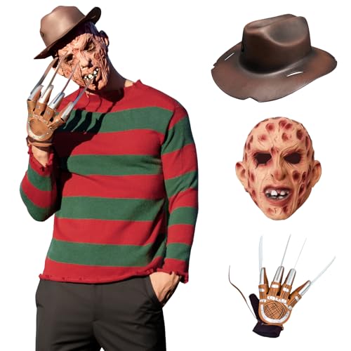 BuzzoXerex Krüger Pullover Kostüm Set, 4 Stücke Halloween Kostüm Herren mit Grün Rot Gestreifter Pullover, Hut, Handschuh, Maske für Halloween Cosplay Gruseliges Kostüm Erwachsene (S) von BuzzoXerex