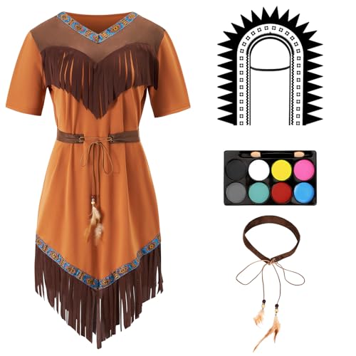 BuzzoXerex Indianer Kostüm Damen, Indianer Kleid Damen, Indianerkostüm Damen Set mit Indianer Kopfschmuck Damen, Gürtel, Indianer Accessoires Damen für Faschingskostüme Karneval Party (Weiblich, L) von BuzzoXerex