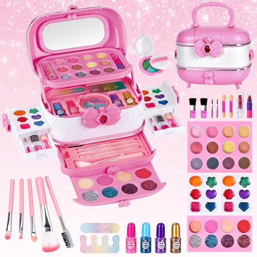 BuzzoXerex Kinderschminke Set, Schminkkoffer Mädchen 53 Stück Waschbar Schminke Kinder Make Up Spielzeug Set mit Schminkspiegel, Kosmetikpinsel und Lippenstift für Mädchen 3 -10 Jahre von BuzzoXerex