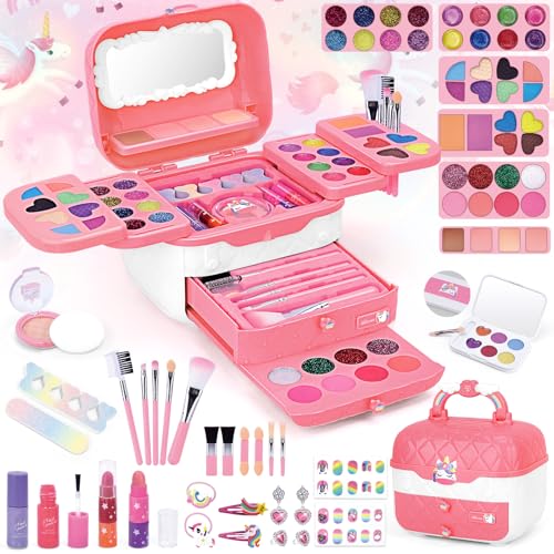 BuzzoXerex Schminkkoffer Mädchen, Kinderschminke Set Mädchen 73 Stück Waschbar Schminke Kinder Make Up Spielzeug Set mit Schminkspiegel, Nagelaufkleber und Lippenstift für 3 -10 Jahre (Rosa) von BuzzoXerex