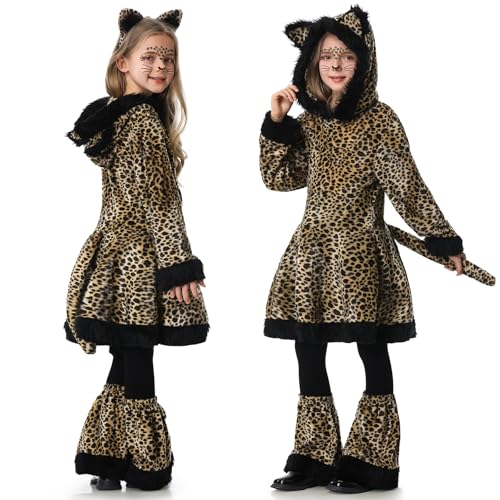 BuzzoXerex Leoparden Kostüm für Kinder, Leoparden Kleid Kostüm Set für Mädchen mit Leopard Haarreif, Leopard Gesicht Aufkleber, Tierkostüm Leoparden Kleid für Faschingskostüme Kinder Karneval Party von BuzzoXerex