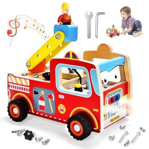 BuzzoXerex Montessori Busy Board Holz, Activity Board Holzspielzeug, Holz Feuerwehrauto mit Licht und Sound, Schraubbrett Kinder Motorikbrett Lernspielzeug Geschenk für Junge Mädchen ab 3 Jahre von BuzzoXerex