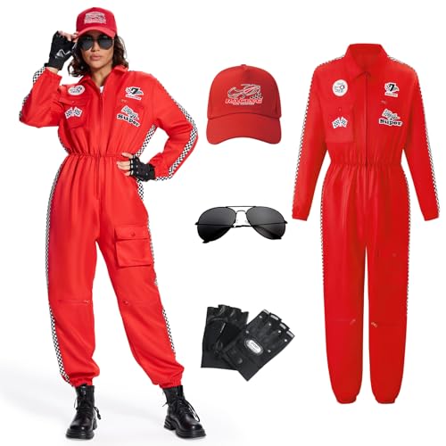 BuzzoXerex Rennfahrer Kostüm Damen, Rennfahrer Anzug Damen mit Handschuhe, Hüte, Sonnenbrille für Karneval, Party, Cosplay (Rot, XL) von BuzzoXerex