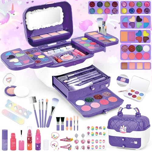 BuzzoXerex Schminkkoffer Mädchen, Kinderschminke Set Mädchen 73 Stück Waschbar Schminke Kinder Make Up Spielzeug Set mit Schminkspiegel, Nagelaufkleber und Lippenstift für 3 -10 Jahre (Lila) von BuzzoXerex