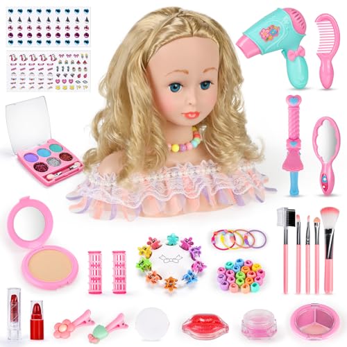 BuzzoXerex Schminkpuppe Frisierkopf für Kinder, Frisierkopf Kinder Set mit Kinderschminke Friseur Zubehör, Puppenkopf zum Frisieren Geschenk für Mädchen 3 4 5 6 Jahre(Gold) von BuzzoXerex