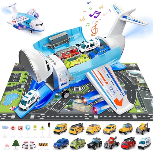 BuzzoXerex Transport Flugzeug Spielzeug, Frachtflugzeug mit Lichtern, Geräuschen und Zerstäuben, Flugzeugspielzeug Set mit 12 Teiliges Spielzeugauto, Lernspielzeug für Kinder ab 5 6 7 Jahre (Blau) von BuzzoXerex