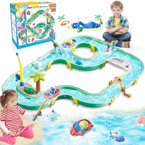 BuzzoXerex Wasserbahn Kinder Draußen, 2 in 1 Wasserspielzeug Kinder, 71 PCS Wassertisch Wasserbahn Set mit 2 Boote, 6 Tierfiguren, 2 Fischereimaschinen und 2 Angelruten für 3+ Jahr von BuzzoXerex