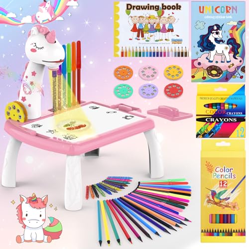 BuzzoXerex Zeichenprojektor für Kinder, Projektion Zeichentafel Kind 48 Stück Malprojektor Kinder Set mit 48 Motiven, Skizzenbuch, Stickerbuch, Farbige Stifte für 3-10 Jahre Kind (Rosa) von BuzzoXerex