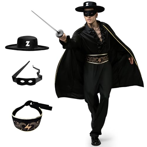 BuzzoXerex Zorro Kostüm Herren, Zoro Maskierte Helden Kostüm, Karneval Banditen Kostüm mit Schwarz Filzhut, Maske, Umhang, Rüschenhemd, Hose und Gürtel für Karneval Fasching Mottoparty (2XL) von BuzzoXerex