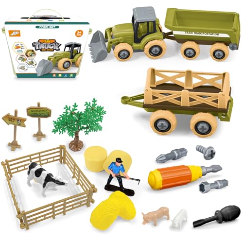 BuzzoXerex Set Bauernhof Spielzeug Kinder, Bauernhof Montage Traktor Spielzeug, Bauernhof Tiere Spielzeug Set mit Traktor, Anhänger, Tieren, Landwirt, Zaun, Geschenke für Kinder ab 3+ Jahre von BuzzoXerex