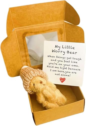 PLGEBR Kleiner Bär in Box, Sorgenbär, handgefertigter Mini-Plüschbär in Box mit inspirierender Karte, gehäkelte kleine Bären, Umarmung, Positive Geschenke für Geburtstag, Abschluss (Braun) von Bxjinkele