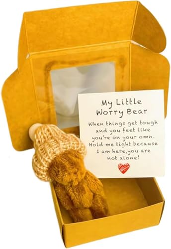 PLGEBR Kleiner Bär in Box, Sorgenbär, handgefertigter Mini-Plüschbär in Box mit inspirierender Karte, gehäkelte kleine Bären, Umarmung, Positive Geschenke für Geburtstag, Abschluss (Kaffee) von Bxjinkele