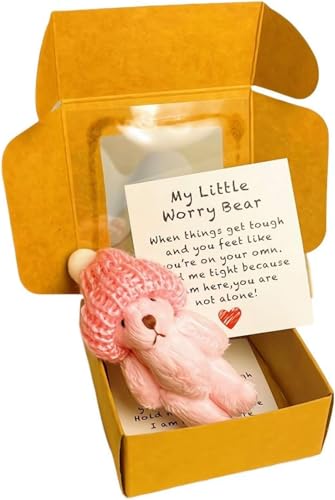 PLGEBR Kleiner Bär in Box, Sorgenbär, handgefertigter Mini-Plüschbär in Box mit inspirierender Karte, gehäkelte kleine Bären, Umarmung, Positive Geschenke für Geburtstag, Abschluss (Rosa) von Bxjinkele