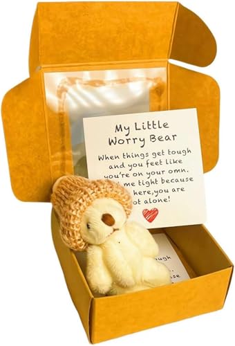 PLGEBR Kleiner Bär in Box, Sorgenbär, handgefertigter Mini-Plüschbär in Box mit inspirierender Karte, gehäkelte kleine Bären, Umarmung, Positive Geschenke für Geburtstag, Abschluss (Weiß) von Bxjinkele