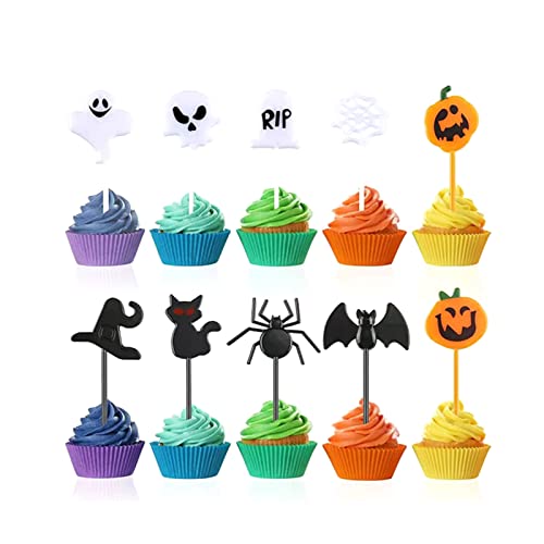 Cupcake-Topper-Set mit 10 Halloween-Verzierungen, Zahnstäbchen für Babyparty, Dessert-Dekoration, Halloween, Cupcake-Topper von Bydezcon
