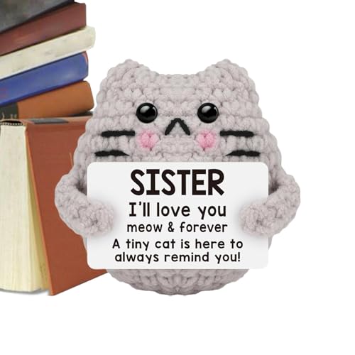 Byeaon Handgefertigtes gestricktes Kätzchen, positives Katzenhäkeln, fröhlicher Katzenplüsch, kompaktes und tragbares Design, weit verbreitet, 7,9 x 6,9 x 5,9 cm, für emotionale Unterstützung und von Byeaon